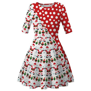 Women Christmas Dress Round Collar Vintage Santa Gift Print Dress Christmas Costume
