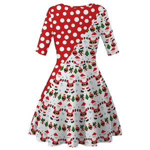 Women Christmas Dress Round Collar Vintage Santa Gift Print Dress Christmas Costume