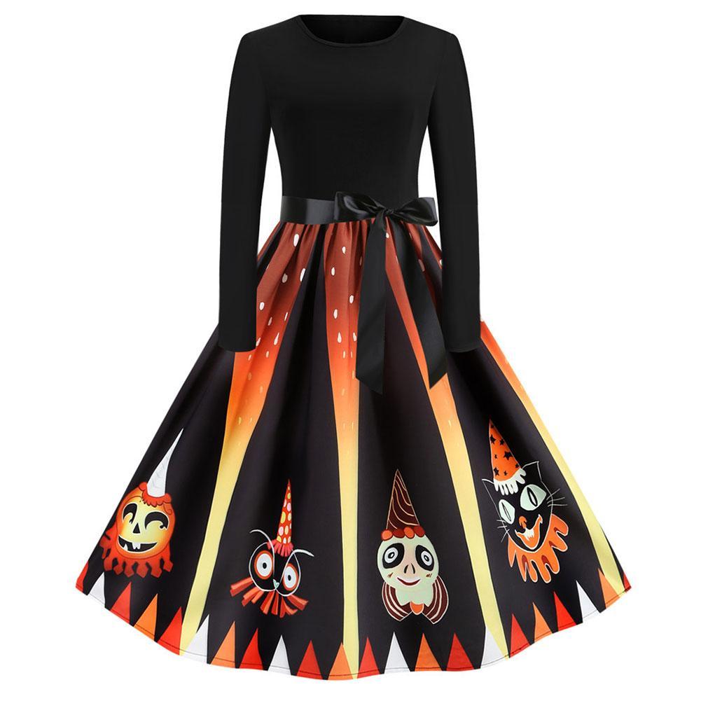 Women 1950s Pumpkin Devil Print Long Sleeve Midi Halloween Dress