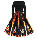 Women 1950s Pumpkin Devil Print Long Sleeve Midi Halloween Dress