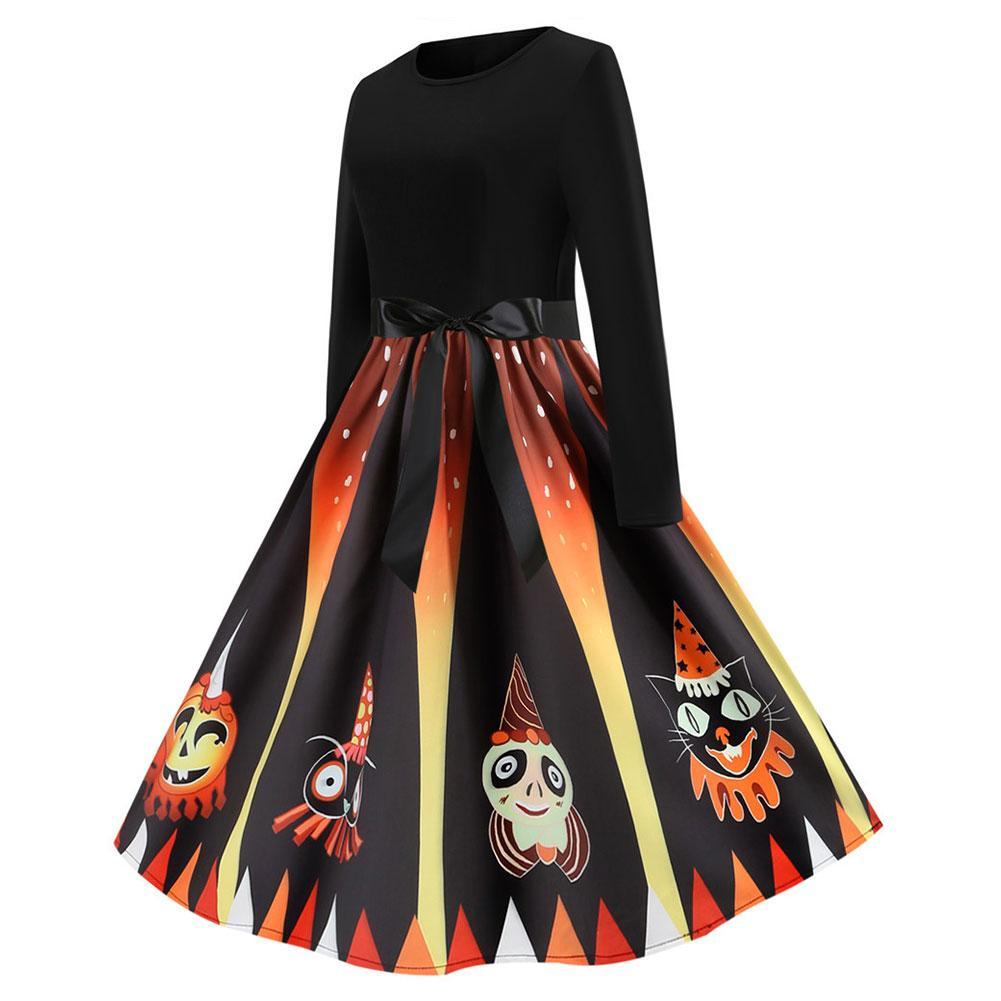Women 1950s Pumpkin Devil Print Long Sleeve Midi Halloween Dress