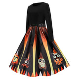 Women 1950s Pumpkin Devil Print Long Sleeve Midi Halloween Dress