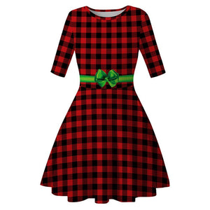 Women Christmas Vintage Dress Elegant Short Sleeve O Neck Xmas Evening Party Swing Dress