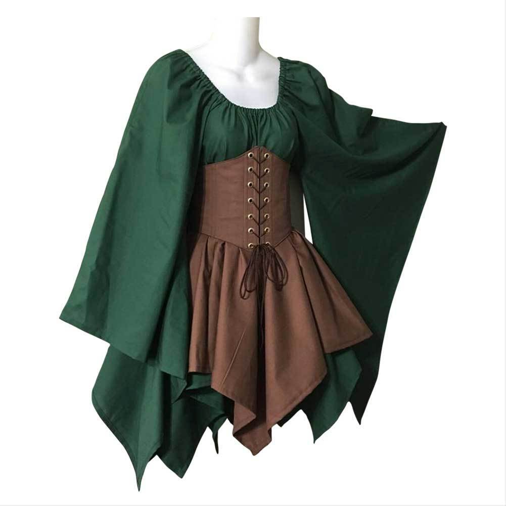 Women Medieval Costume Woodland Wood Elf Fairy Fantasy Waist Cincher Corset Set Top and Jagged Skirts