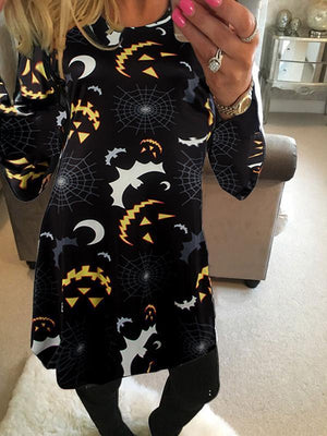 Bat Moonlight Print Long Sleeve Dress - cenloger