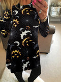 Bat Moonlight Print Long Sleeve Dress - cenloger