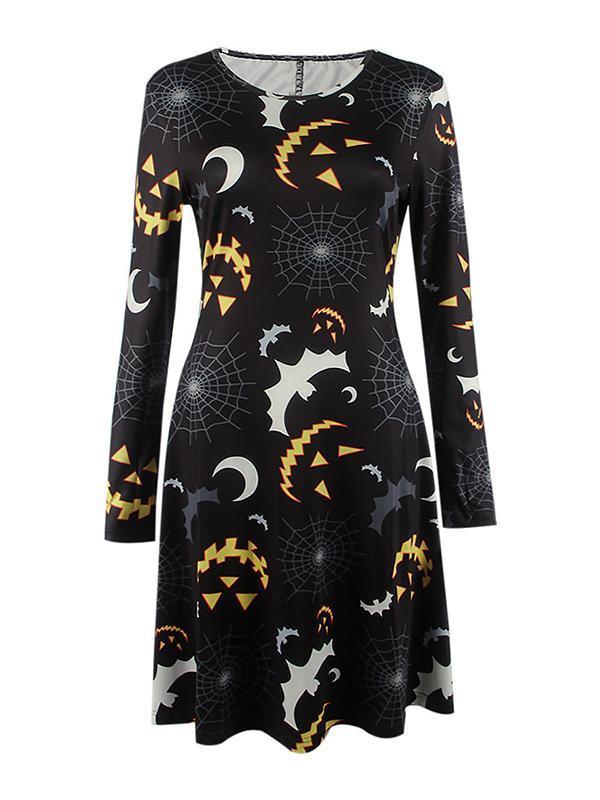 Bat Moonlight Print Long Sleeve Dress - cenloger
