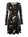 Bat Moonlight Print Long Sleeve Dress - cenloger