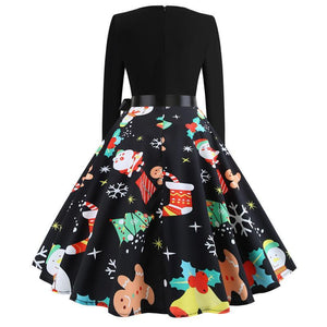 Christmas Vintage Dress, Women Elegant Long Sleeve Print Dresses