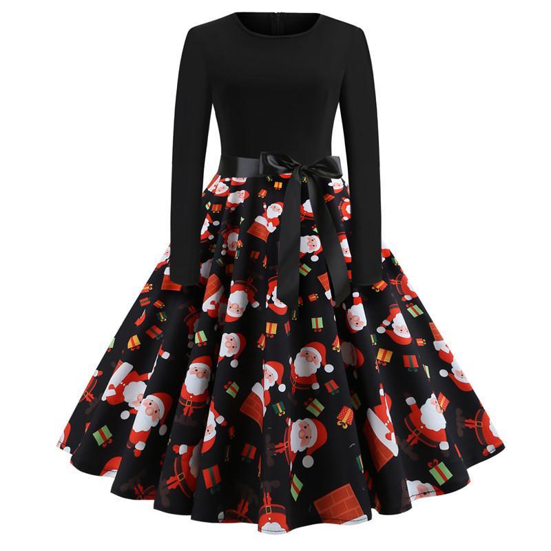 Christmas Vintage Dress, Women Elegant Long Sleeve Print Dresses
