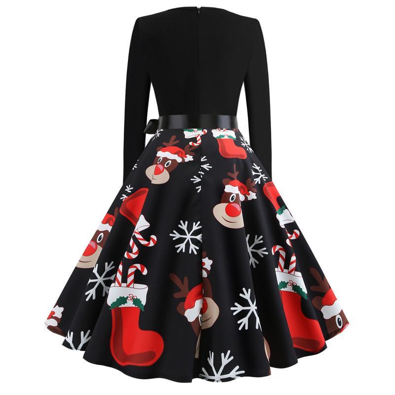 Christmas Vintage Dress, Women Elegant Long Sleeve Print Dresses
