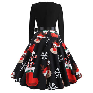 Christmas Vintage Dress, Women Elegant Long Sleeve Print Dresses