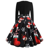 Christmas Vintage Dress, Women Elegant Long Sleeve Print Dresses