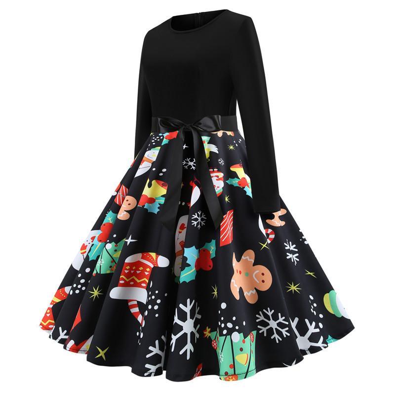 Christmas Vintage Dress, Women Elegant Long Sleeve Print Dresses