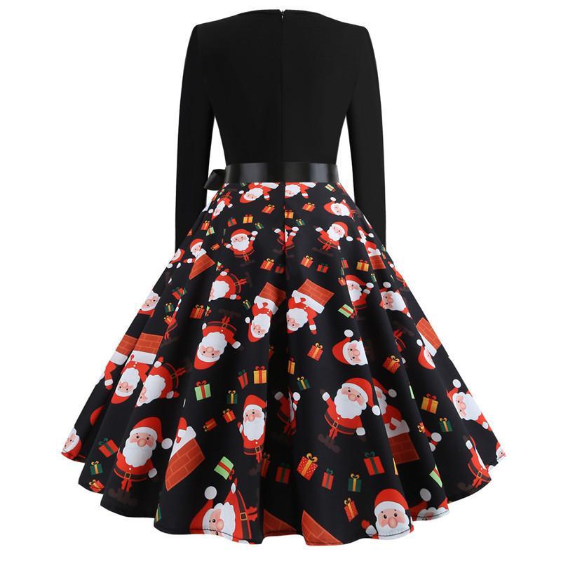 Christmas Vintage Dress, Women Elegant Long Sleeve Print Dresses