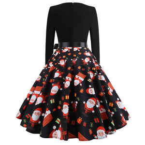 Christmas Vintage Dress, Women Elegant Long Sleeve Print Dresses