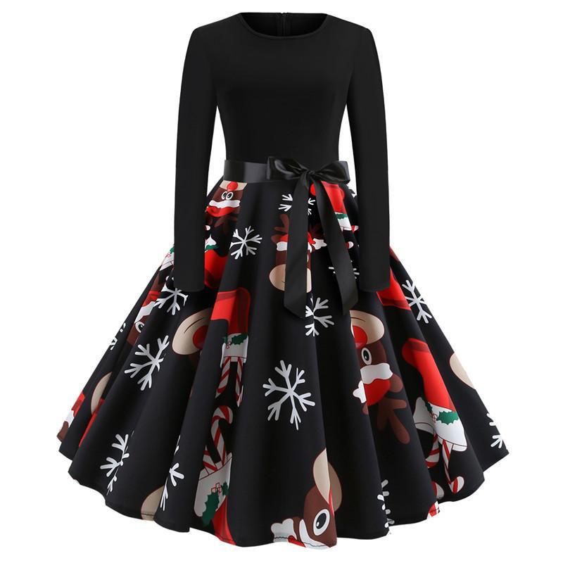 Christmas Vintage Dress, Women Elegant Long Sleeve Print Dresses