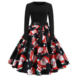 Christmas Vintage Dress, Women Elegant Long Sleeve Print Dresses