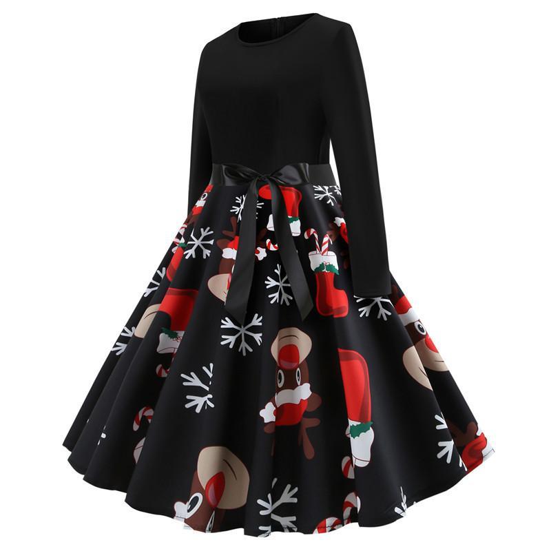 Christmas Vintage Dress, Women Elegant Long Sleeve Print Dresses