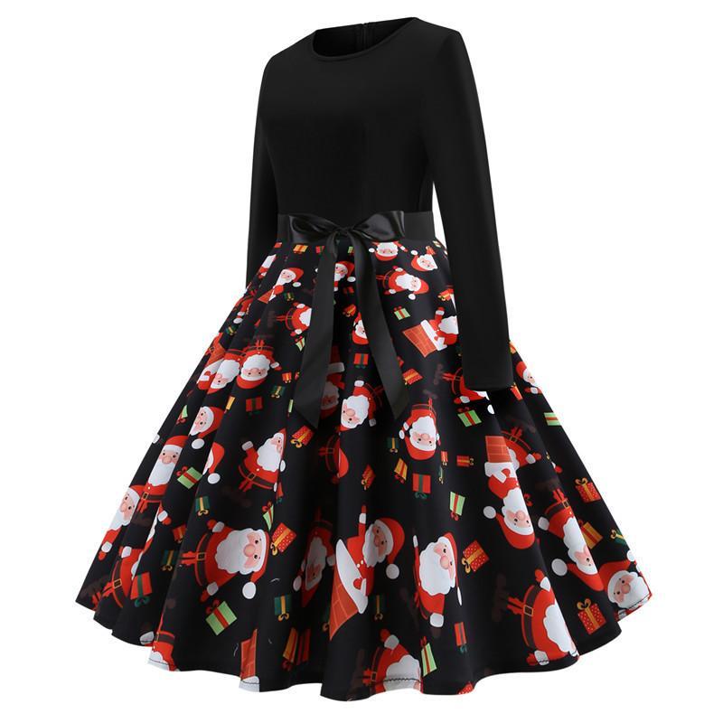 Christmas Vintage Dress, Women Elegant Long Sleeve Print Dresses