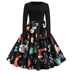 Christmas Vintage Dress, Women Elegant Long Sleeve Print Dresses