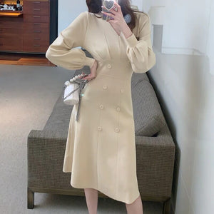 Autumn Winter Dress Women Clothing Long Sleeve V Neck Button Knee Length Midi Dress Elegant Office Knitted Dress