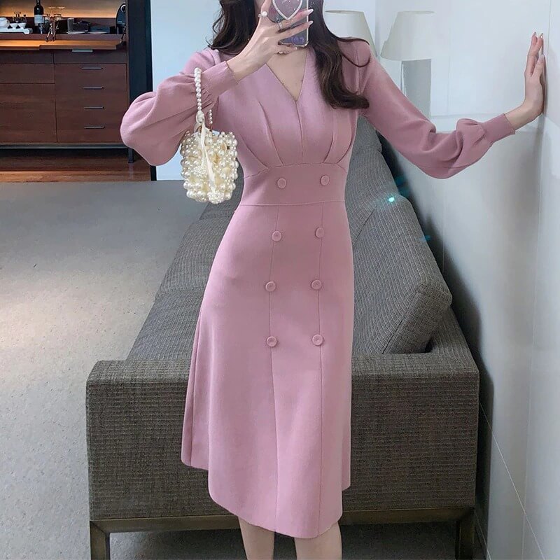 Autumn Winter Dress Women Clothing Long Sleeve V Neck Button Knee Length Midi Dress Elegant Office Knitted Dress