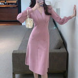 Autumn Winter Dress Women Clothing Long Sleeve V Neck Button Knee Length Midi Dress Elegant Office Knitted Dress