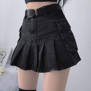 Gothic Denim Pleated Women Summer Harajuku Korean A Line Black Streetwear High Waist Jean Skirt