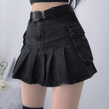 Gothic Denim Pleated Women Summer Harajuku Korean A Line Black Streetwear High Waist Jean Skirt