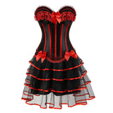 Women Sexy Striped Corset Dress Satin Bow Lace Waist Cincher Corset Bustier Lingerie Top With Mesh Mini Tutu Skirt Set Plus Size