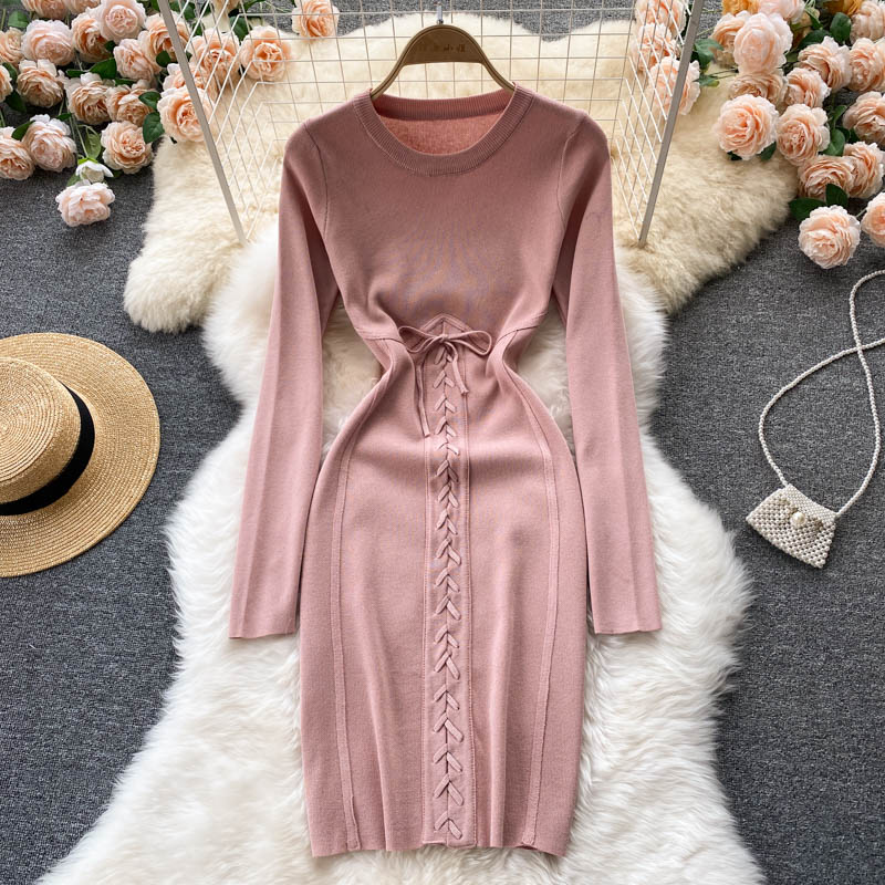 Autumn Winter Dress Women Clothing Crew Neck Long Sleeve Knitted Dress Front Lace Up Night Club Sexy Bodycon Dress