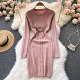 Autumn Winter Dress Women Clothing Crew Neck Long Sleeve Knitted Dress Front Lace Up Night Club Sexy Bodycon Dress