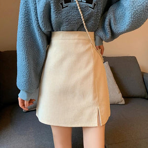 Women Casual Mini Skirts Korean Style Vintage Corduroy Solid Color High Waist Ladies A-line Short Skirt