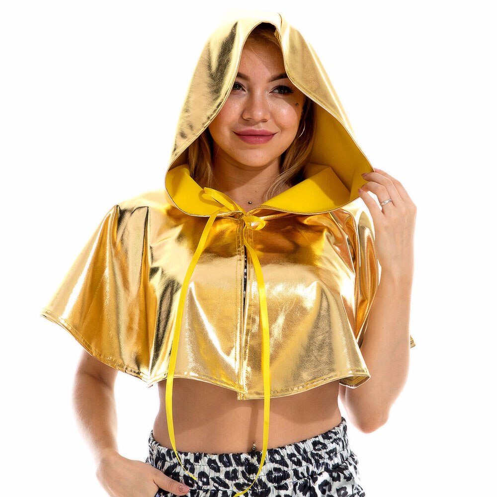 Shiny PU Leather Holographic Cape Unisex Cosplay Metallic Death Cape Short Hooded Rave Festival Cloak Hat Halloween Costume