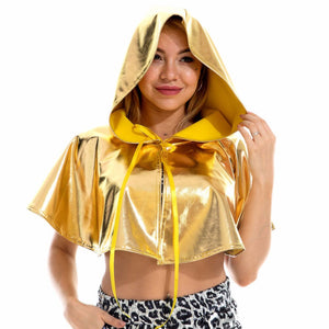 Shiny PU Leather Holographic Cape Unisex Cosplay Metallic Death Cape Short Hooded Rave Festival Cloak Hat Halloween Costume