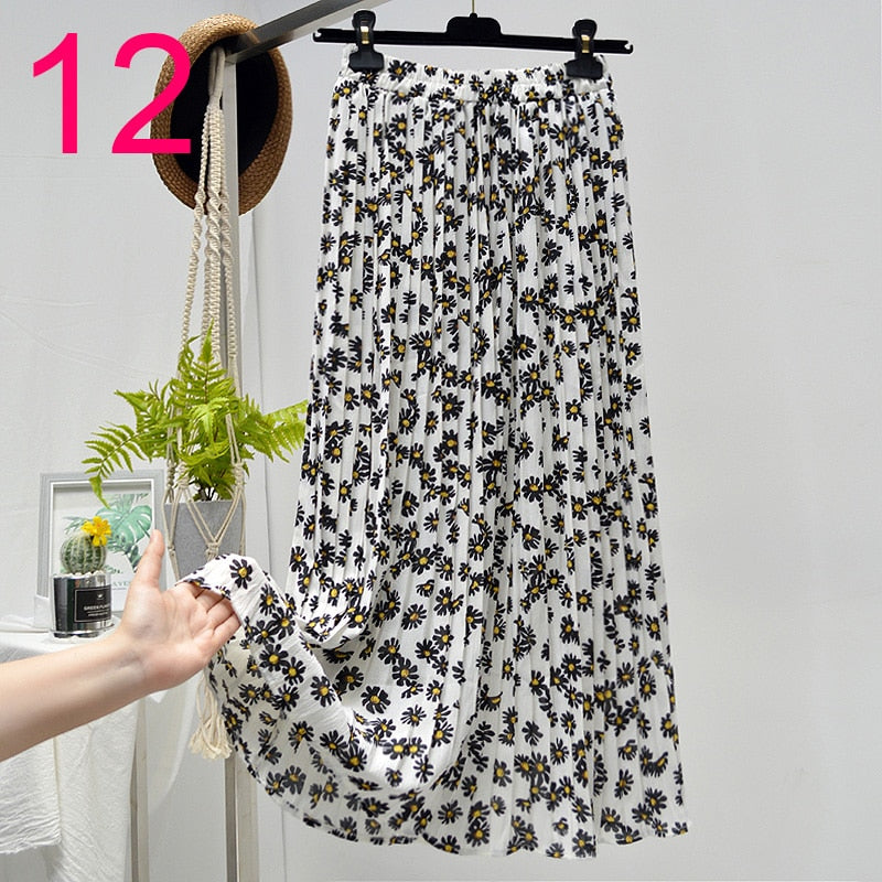 Summer New Vintage Floral Print Chiffon Pleated Skirt Elastic High Waist Casual Midi Skirt