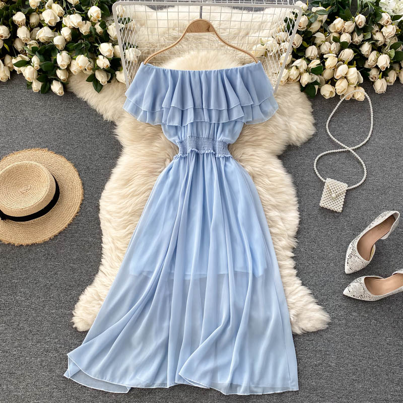 white christmas dresses Women Solid Color Casual Chiffon Dress Elegant Double Ruffle Sexy Off –  jetechband
