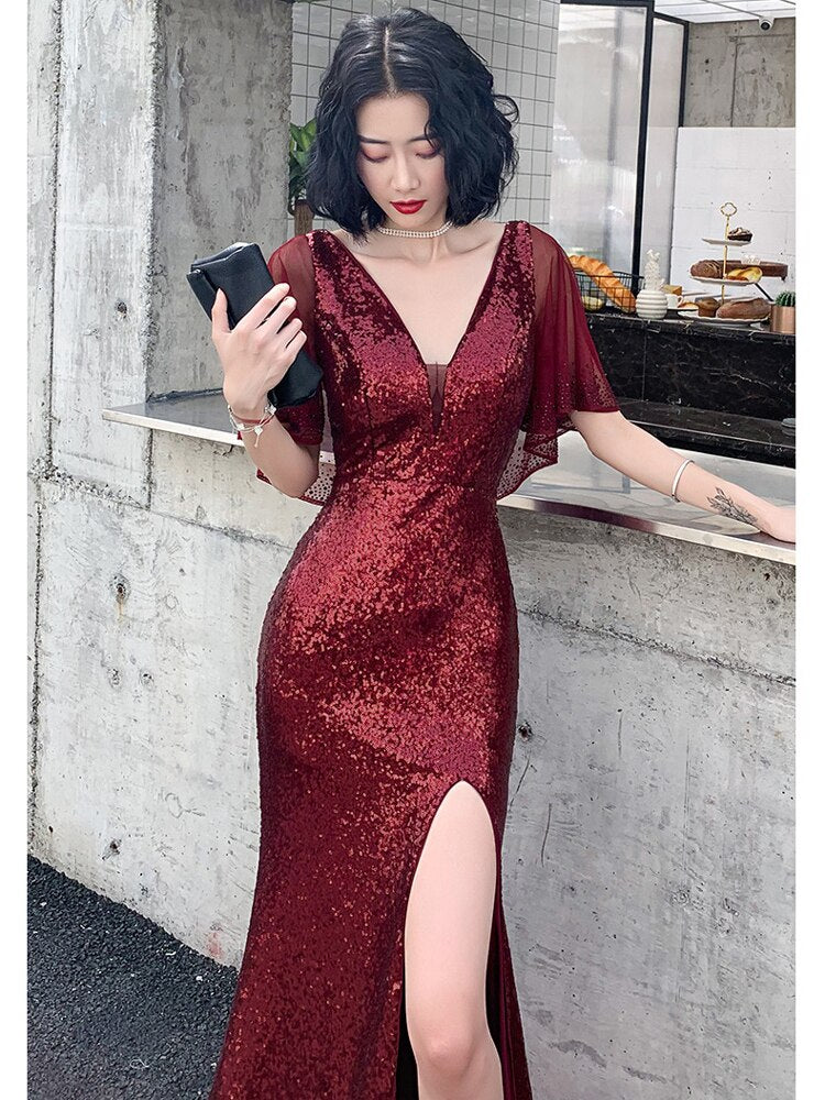 Red Sexy Long Evening Dress Shining Sequins Chiffon Party Gown V-neck   jetechband