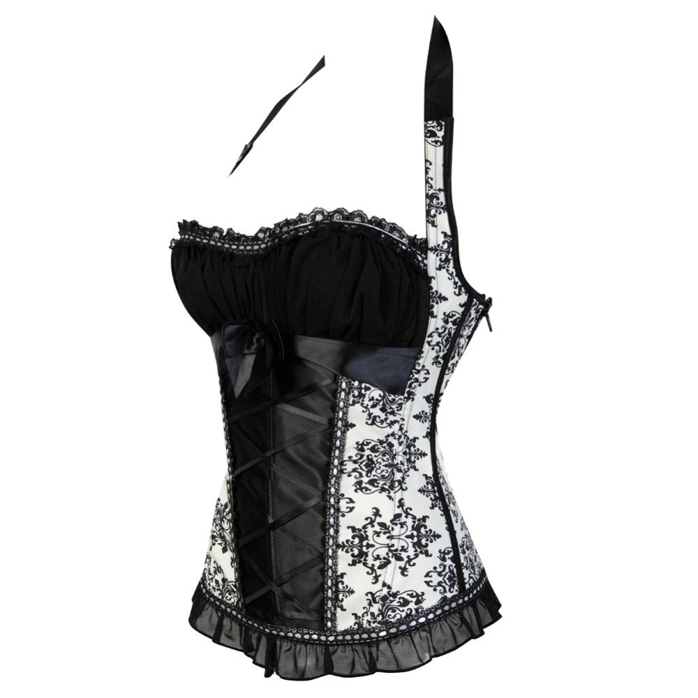 Halter Corset Sexy Bustier Lingerie Zipper Side Brocade Lace Flower Print Overbust Corset Vest Top Corselet for Women