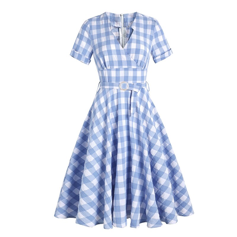White and Blue Plaid V-Neck Short Sleeve Women Summer Elegant Dress Vi –  jetechband
