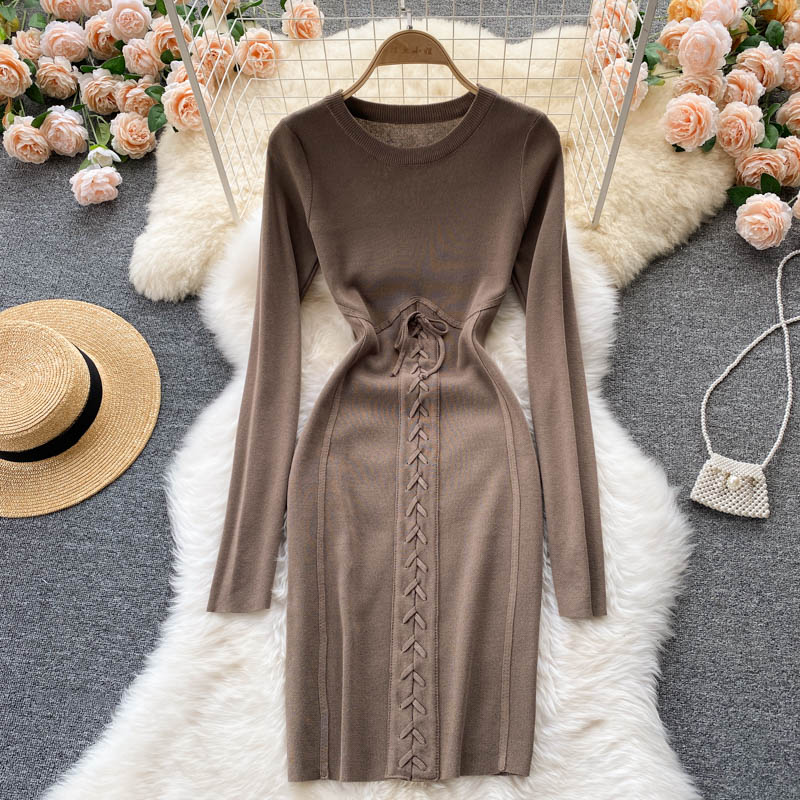 Autumn Winter Dress Women Clothing Crew Neck Long Sleeve Knitted Dress Front Lace Up Night Club Sexy Bodycon Dress