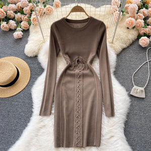 Autumn Winter Dress Women Clothing Crew Neck Long Sleeve Knitted Dress Front Lace Up Night Club Sexy Bodycon Dress