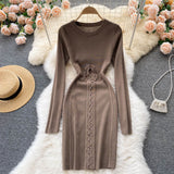 Autumn Winter Dress Women Clothing Crew Neck Long Sleeve Knitted Dress Front Lace Up Night Club Sexy Bodycon Dress
