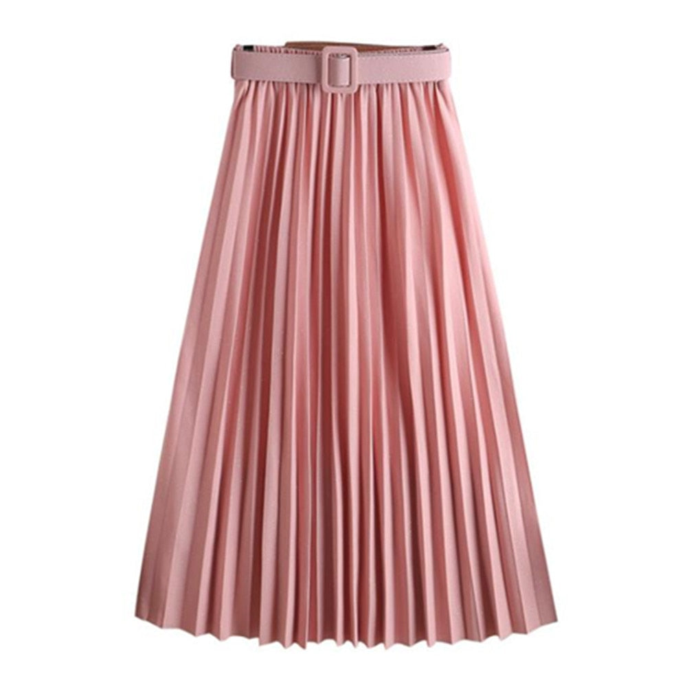 Fashion Elegant Vintage Pleated Elastic High Waist Long Women Summer Pink Maxi Skirt