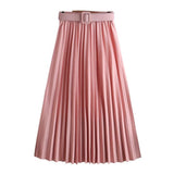 Fashion Elegant Vintage Pleated Elastic High Waist Long Women Summer Pink Maxi Skirt