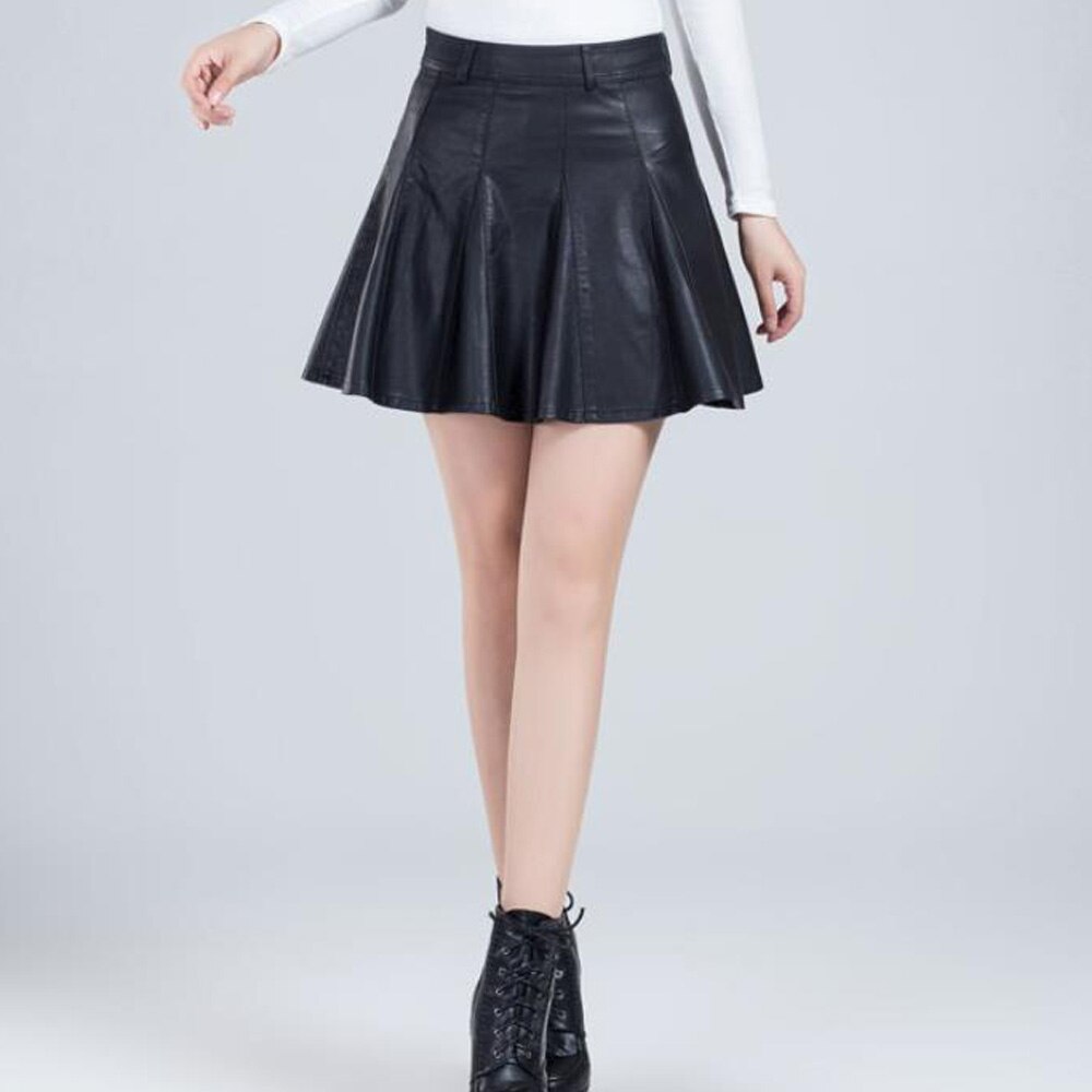 Vintage Faux Leather Women Korean High Waist School Pleated Mini Skirt