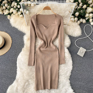 Autumn Winter Mini Dresses For Women Sweetheart Neck Long Sleeve Elegant Ribbed Knitted Dress Sexy Bodycon Dress