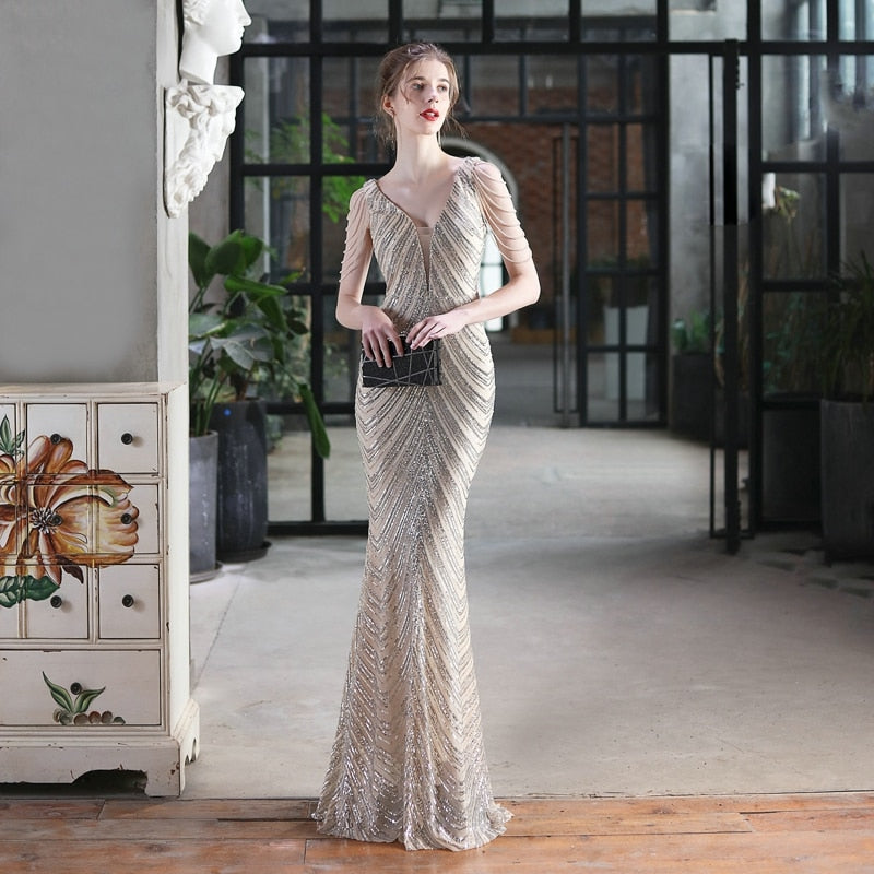 Women Beads Dress Gold Deep V Neck Sequin Evening Dress Sexy Party Maxi Dress