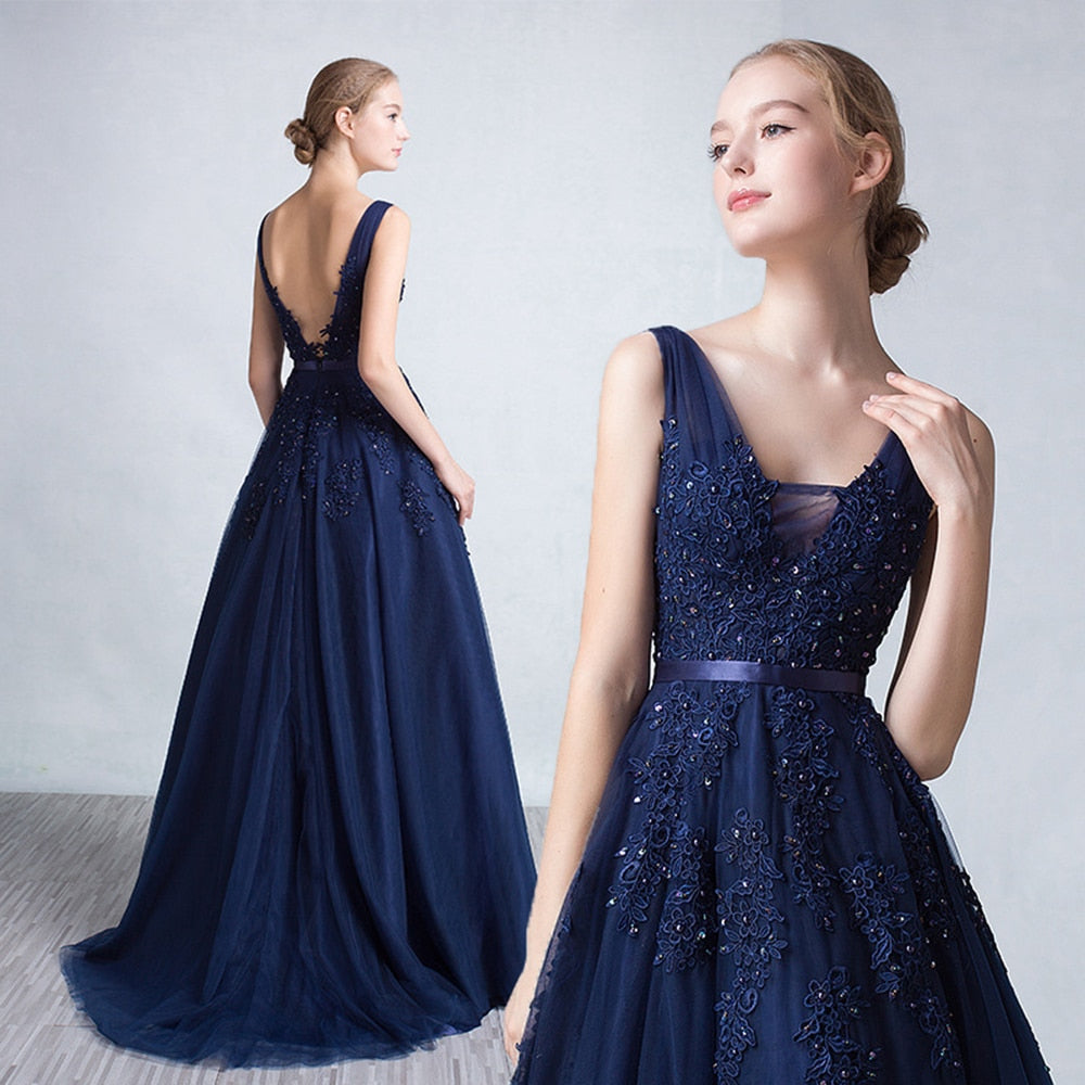 Sexy V-neck Evening Dress Robe De Soiree Tulle With Applique Party Dress Lace Beading Floor-length Prom Dress Bride Banquet Eleg